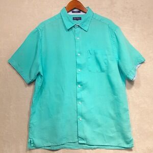 Alan Flusser Mens Short Sleeve Button Shirt Sz.XL/Aqua Blue/100% Linen/Pocket